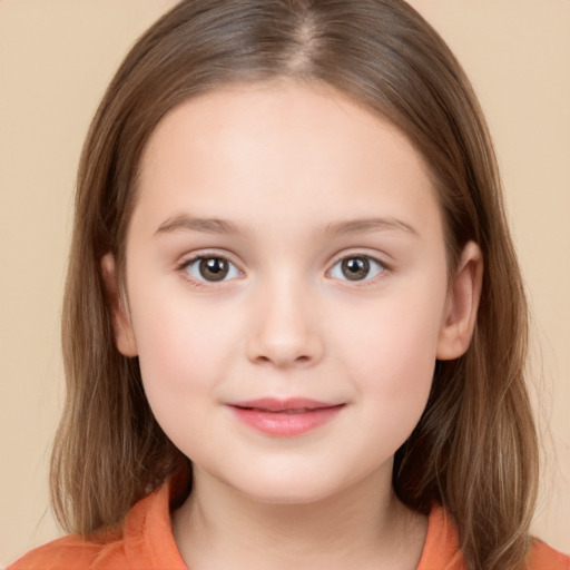 Joyful white child female with medium  brown hair and brown eyes