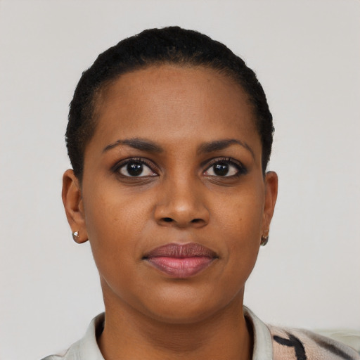 Joyful black young-adult female with short  black hair and brown eyes