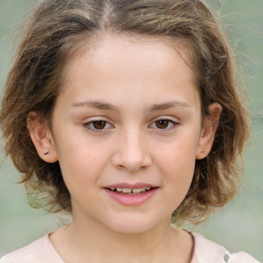 Joyful white child female with medium  brown hair and brown eyes