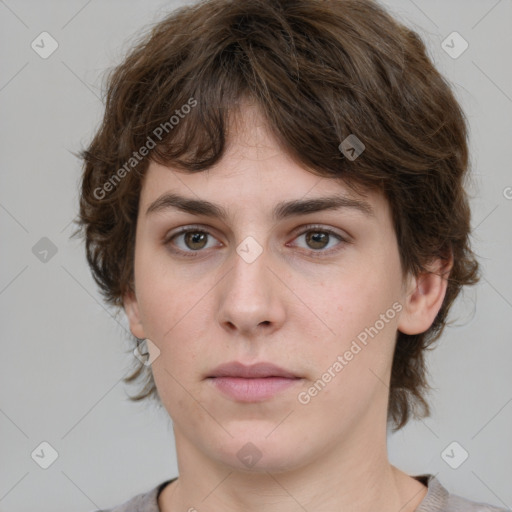 Neutral white young-adult female with medium  brown hair and grey eyes