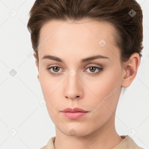 Neutral white young-adult female with short  brown hair and brown eyes