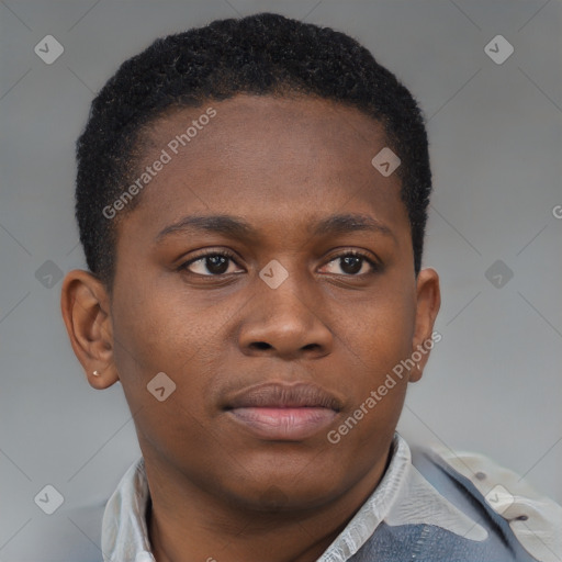 Joyful black young-adult male with short  brown hair and brown eyes