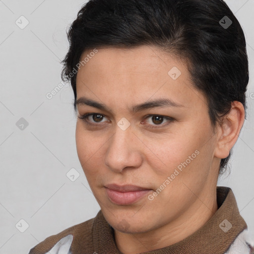 Joyful white young-adult female with short  brown hair and brown eyes