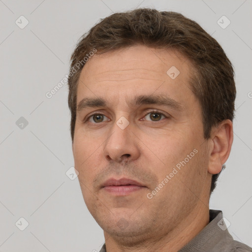 Neutral white adult male with short  brown hair and brown eyes