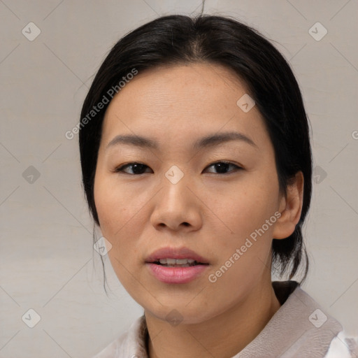 Neutral asian young-adult female with medium  black hair and brown eyes