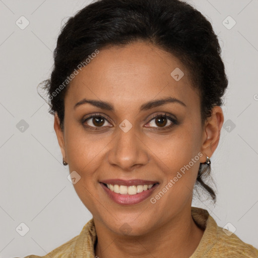 Joyful latino young-adult female with short  brown hair and brown eyes