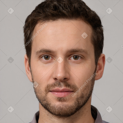 Neutral white young-adult male with short  brown hair and brown eyes