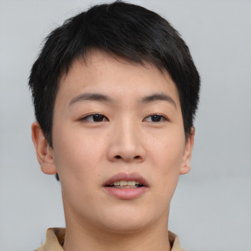 Neutral asian young-adult male with short  brown hair and brown eyes