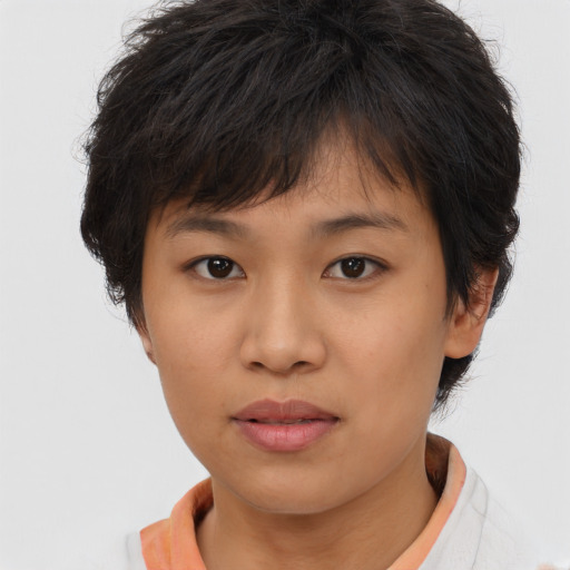 Neutral asian young-adult female with short  brown hair and brown eyes