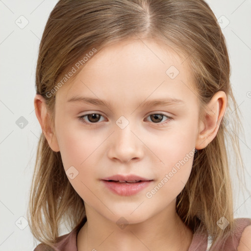 Joyful white child female with medium  brown hair and brown eyes