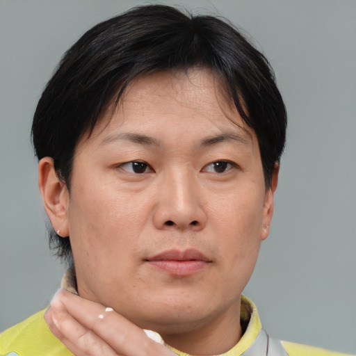Neutral asian adult female with short  brown hair and brown eyes