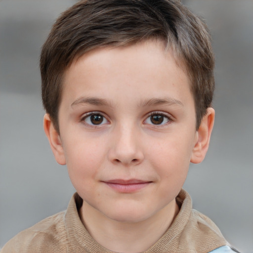 Joyful white child male with short  brown hair and brown eyes