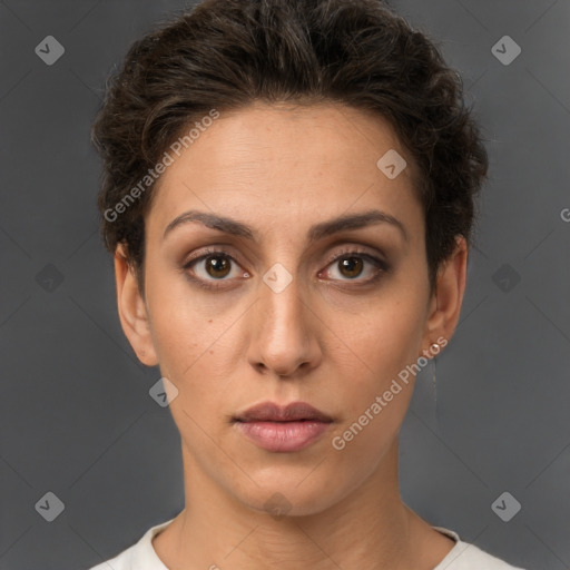 Neutral white young-adult female with short  brown hair and brown eyes