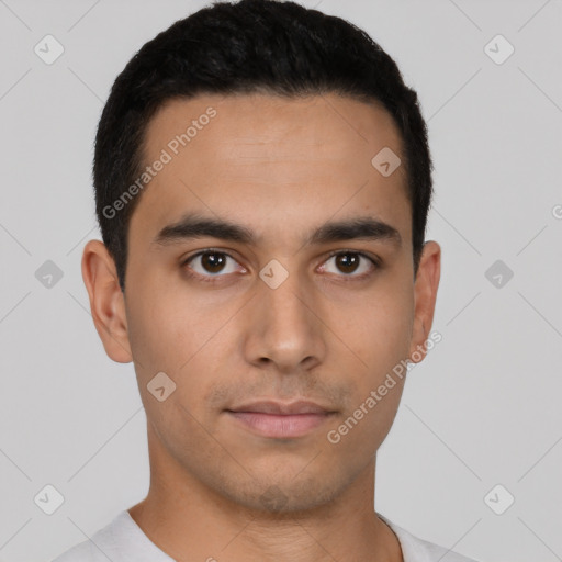 Neutral latino young-adult male with short  black hair and brown eyes