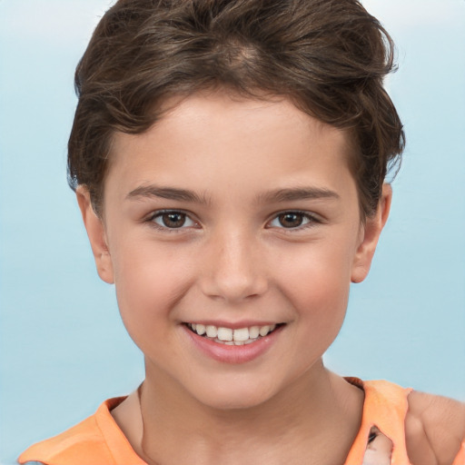 Joyful white child female with short  brown hair and brown eyes