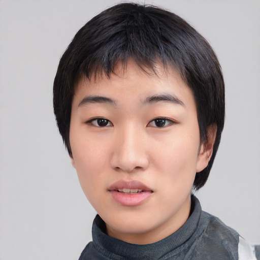 Neutral asian young-adult female with short  brown hair and brown eyes