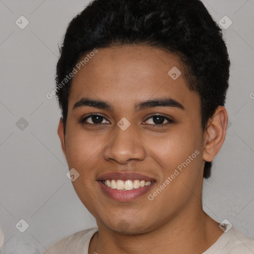 Joyful latino young-adult female with short  black hair and brown eyes