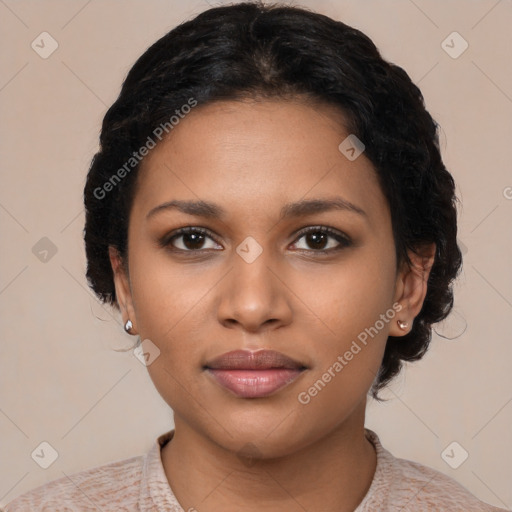 Joyful latino young-adult female with short  brown hair and brown eyes