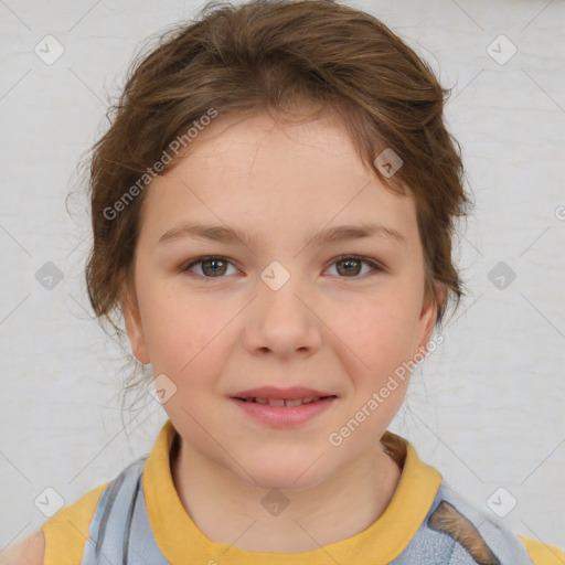 Joyful white child female with medium  brown hair and brown eyes