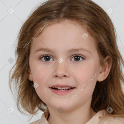 Joyful white child female with medium  brown hair and brown eyes