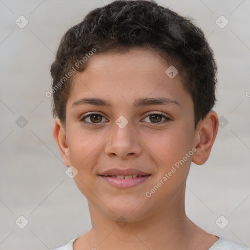 Joyful white child male with short  brown hair and brown eyes