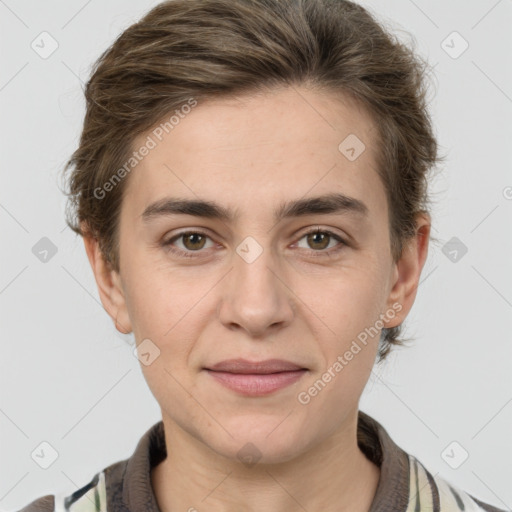 Joyful white young-adult female with short  brown hair and grey eyes