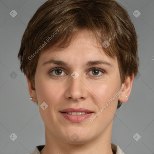 Joyful white young-adult female with short  brown hair and grey eyes