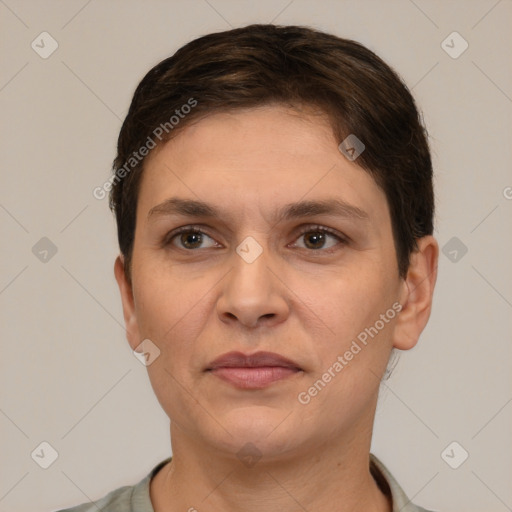 Neutral white adult female with short  brown hair and brown eyes