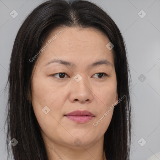 Joyful asian young-adult female with long  brown hair and brown eyes