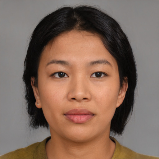 Neutral asian young-adult female with medium  black hair and brown eyes