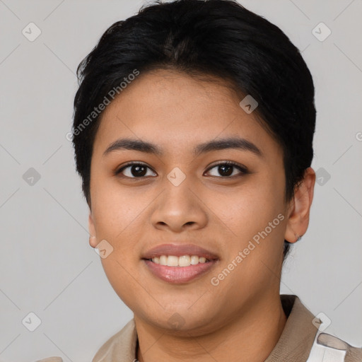 Joyful asian young-adult female with short  brown hair and brown eyes