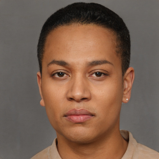 Neutral latino young-adult female with short  black hair and brown eyes
