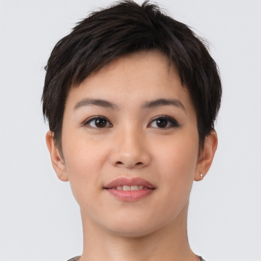 Joyful asian young-adult female with short  brown hair and brown eyes