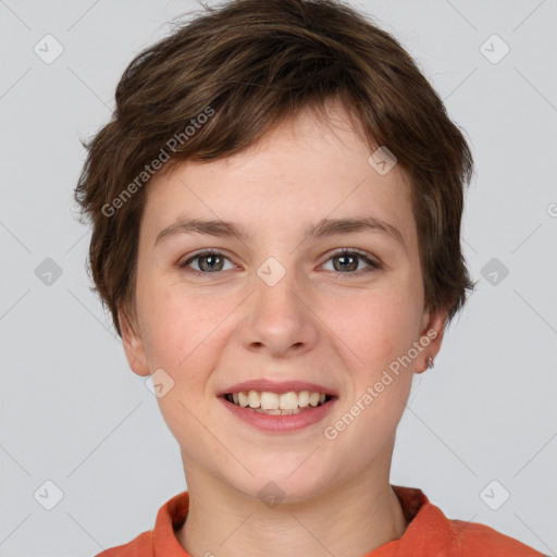 Joyful white young-adult female with short  brown hair and grey eyes