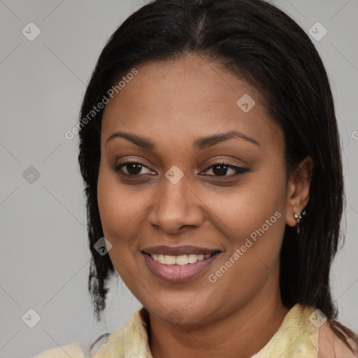 Joyful asian young-adult female with medium  brown hair and brown eyes