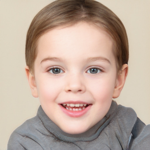 Joyful white child female with short  brown hair and brown eyes