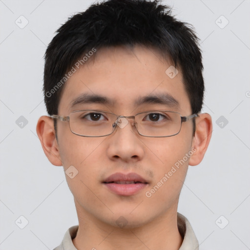 Neutral asian young-adult male with short  brown hair and brown eyes