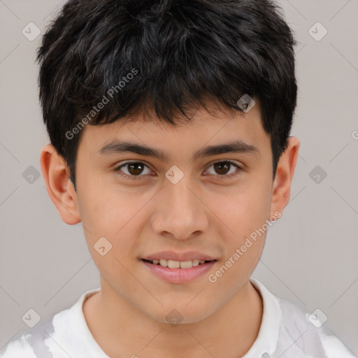Joyful white child male with short  brown hair and brown eyes