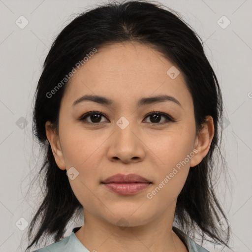 Joyful asian young-adult female with medium  brown hair and brown eyes