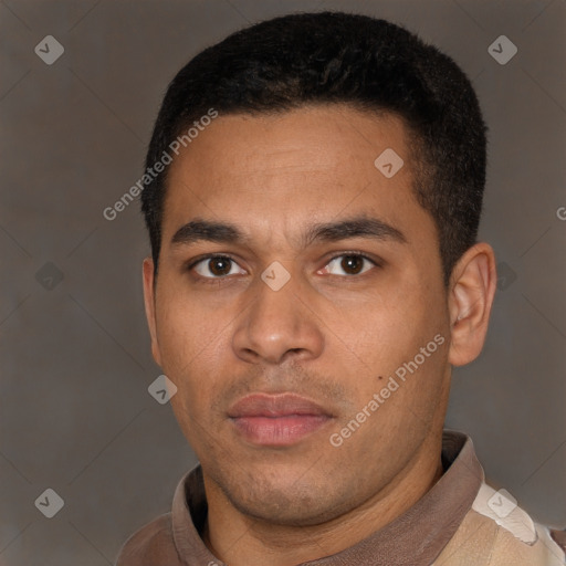 Neutral latino young-adult male with short  black hair and brown eyes