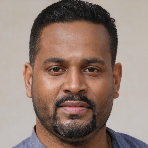Neutral black adult male with short  black hair and brown eyes