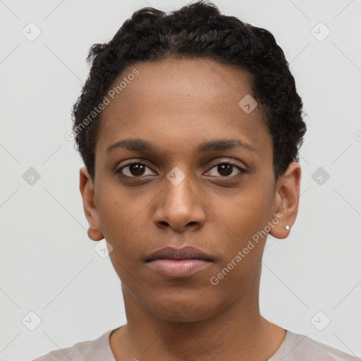 Neutral black young-adult female with short  brown hair and brown eyes