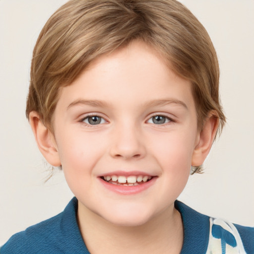 Joyful white child female with medium  brown hair and grey eyes