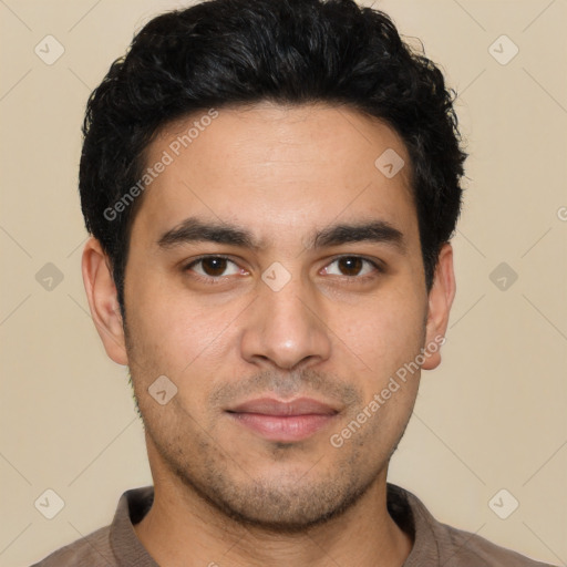 Neutral latino young-adult male with short  black hair and brown eyes