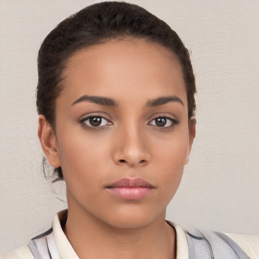 Neutral white young-adult female with short  brown hair and brown eyes