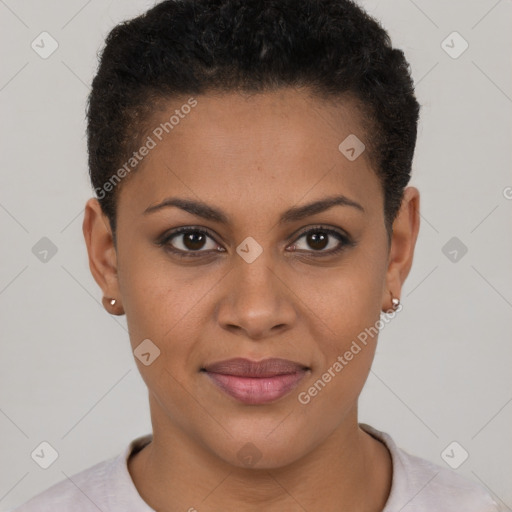 Joyful latino young-adult female with short  brown hair and brown eyes