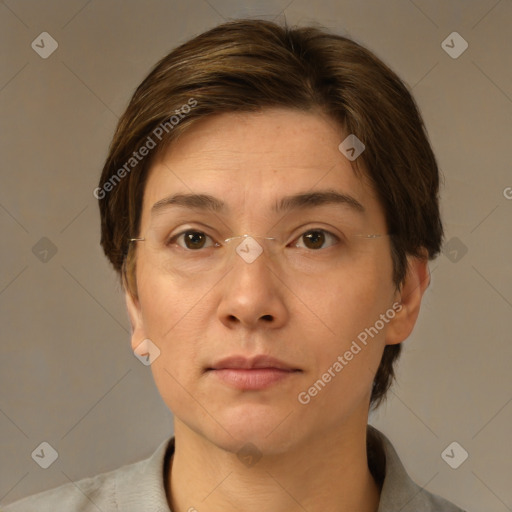 Neutral white young-adult female with medium  brown hair and brown eyes