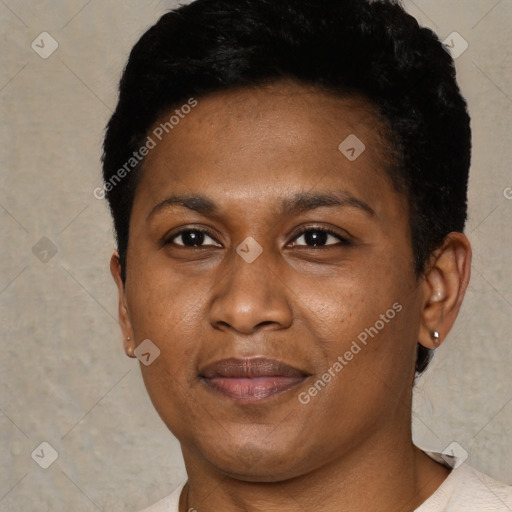 Joyful black young-adult female with short  black hair and brown eyes