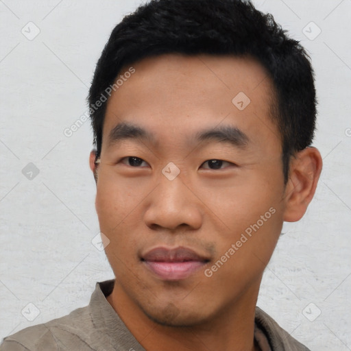 Neutral asian young-adult male with short  black hair and brown eyes