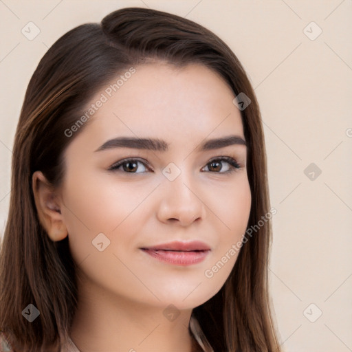 Neutral white young-adult female with long  brown hair and brown eyes